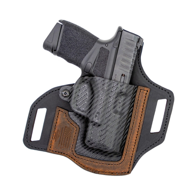 Leather Hybrid OWB Holster front view showing molded shell and leather backing