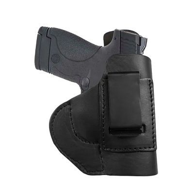Leather IWB holster front view showing clip on attachment and molded profile