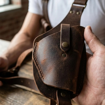 Brown Leather Shoulder Holster with Double Magazine Pouch