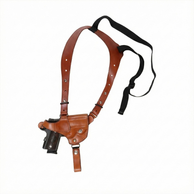Brown leather single shoulder holster with adjustable strap, elastic support strap, and vertical holster on a white background