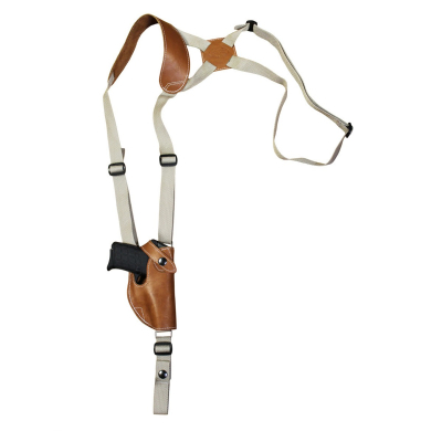 Leather Vertical Shoulder Holster For Ultra Compact Pistols main view showing wide shoulder pad and muzzle down carry