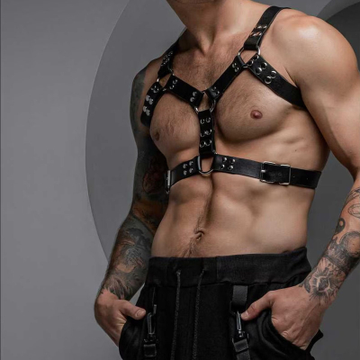 Men’s Black Leather Chest Harness – Adjustable Genuine Leather Strap for Bold Style