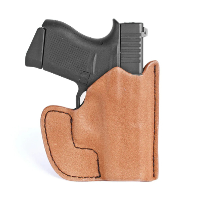 Natural Leather Front Pocket Holster front view showing pocket hook edge and molded profile