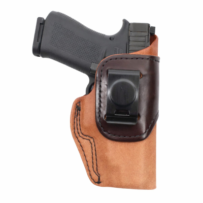 Natural Leather IWB Holster With Steel Clip front view showing spring steel clip and molded leather body