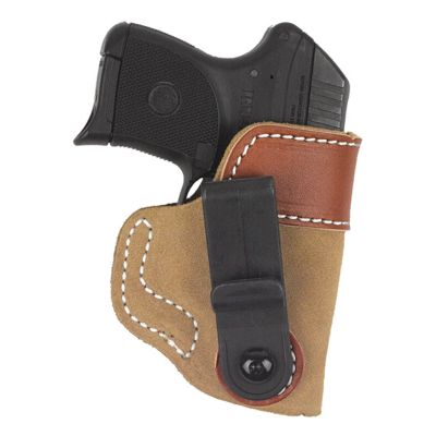 Natural Suede IWB Tuckable Holster – front view – natural suede body with reinforced saddle leather top