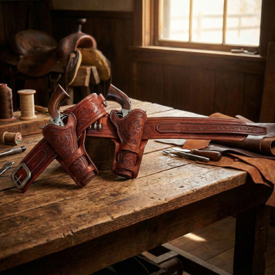 Tooled Leather Double Holster Revolver Belt