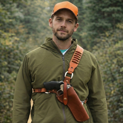 Model wearing a brown leather cross-chest bandolier holster for a revolver with cartridge loops.