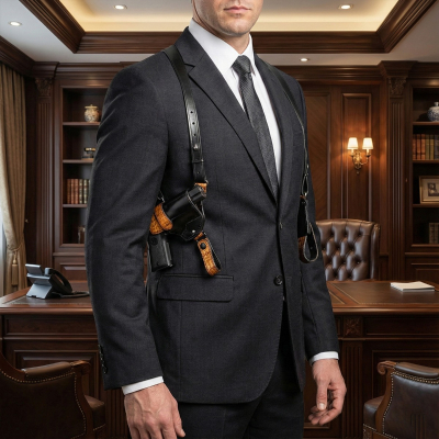 Black Leather Shoulder Holster with Magazine Pouch