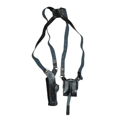 Black Real Leather Vertical Shoulder Holster with Double Magazine Pouch