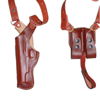Brown Real Leather Vertical Shoulder Holster with Double Magazine Pouch
