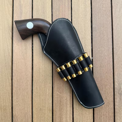 Western Leather Revolver Holster with Cartridge Loops – black holster with revolver – front product view