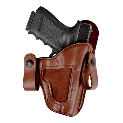 Russet belt slide concealment holster front view showing dual belt loops and open top design