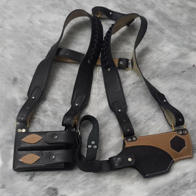 Black Leather Shoulder Holster With Double Mag Pouches