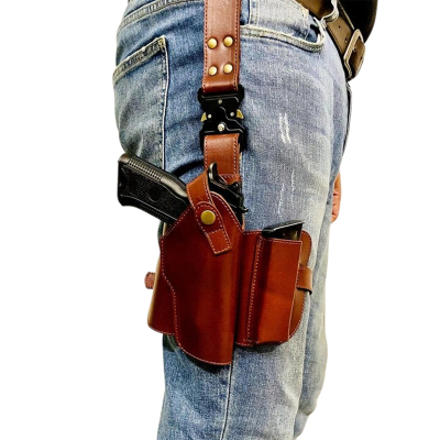 Drop-Leg Tactical Brown Leather Thigh Holster with Clip Pouch