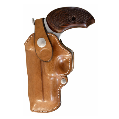 Tan Leather Belt Loop Holster – front view – smooth lined leather holster with retention strap