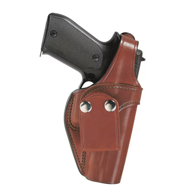 Brown Leather IWB Holster With Thumb Break front view showing retention strap and snap belt loop
