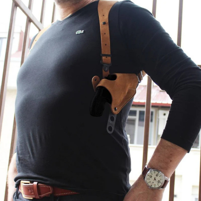 Tan Suede Horizontal Shoulder Holster With Bullet Carrier