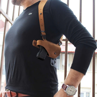 Tan Suede Horizontal Shoulder Holster With Double Mag Carrier