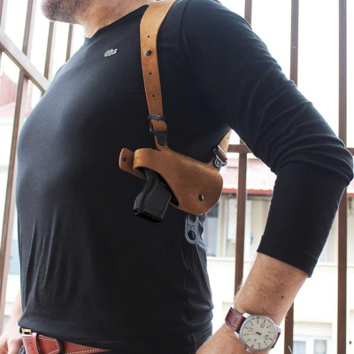 Tan Suede Horizontal Shoulder Holster With Mag Carrier