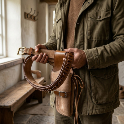 Tan Western Leather Revolver Holster Belt with Ammo Loops