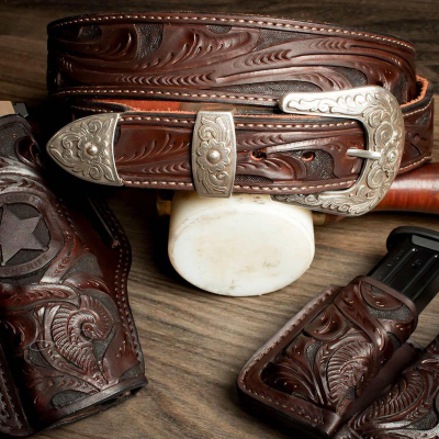 Texas BBQ Rig – Floral Hand-Carved Leather Gun Belt with 3-Piece Buckle, Open Top OWB Western Holster, and Double Carry Magazine Pouch