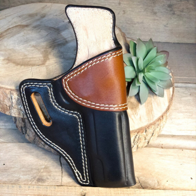 Two Tone Leather OWB Holster – front angle view – molded black and brown leather holster with reinforced belt slot