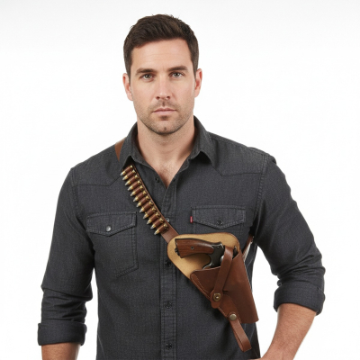 US M3 Victory revolver brown leather shoulder holster worn in vertical chest-carry position with .38 shell loops