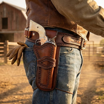Western Tooled Leather Gun Belt With Single Revolver Holster