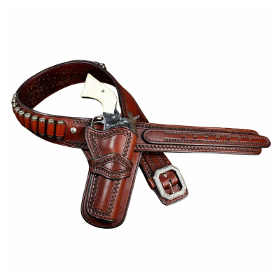 Western Tooled Leather Gun Belt With Single Revolver Holster