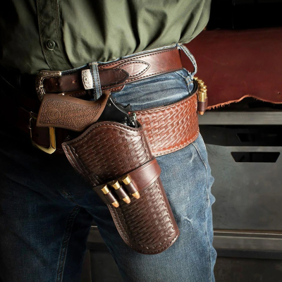 Basket Weave Hand-Carved Leather Gun Belt with Bullet Loops – OWB Cross Draw Western Leather Holster