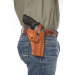 Tan leather hip holster worn OWB on belt for strong-side carry