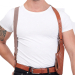 Brown basketweave leather shoulder holster worn under arm showing harness fit and vertical carry position