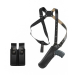 Black leather shoulder holster system with adjustable harness and matching double magazine pouch