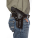 Black leather OWB hip holster worn on belt for strong-side carry