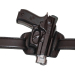 Black leather OWB pancake holster worn on belt with thumb break strap