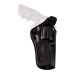 Black leather strongside crossdraw belt holster front view with thumb break strap