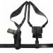 Black Leather Vertical Shoulder Holster System showing premium steerhide harness, vertical holster, and double magazine carrier