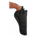 Black nylon revolver belt holster front view with long barrel profile and retention strap