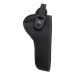 Black nylon thumb break revolver holster front view with snap retention strap and reinforced edge trim