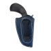 Blue Leather OWB Clip Holster front view with black metal clip and white contrast stitching