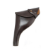 British-style leather revolver holster with flap closure, left-hand orientation, side profile view