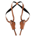 Brown adjustable dual shoulder holster laid flat showing mirrored vertical holster design