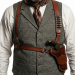 Brown leather double shoulder holster rig worn with single action revolver and matching belt front view