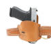 Brown leather belt slide OWB holster with firearm inserted, front view