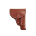 Brown leather flap holster front view with closed snap strap