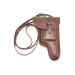 Brown leather flap holster with shoulder strap laid flat showing full carry setup
