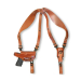 Brown leather horizontal shoulder holster with adjustable harness and single magazine carrier laid flat