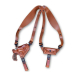 Brown leather horizontal shoulder holster with bullet carrier and adjustable leather harness displayed flat