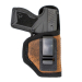 Brown Leather IWB Holster With Protective Backing showing brown leather body, black trim, and metal belt clip