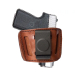 Brown leather IWB holster with steel belt clip front view showing concealed carry design